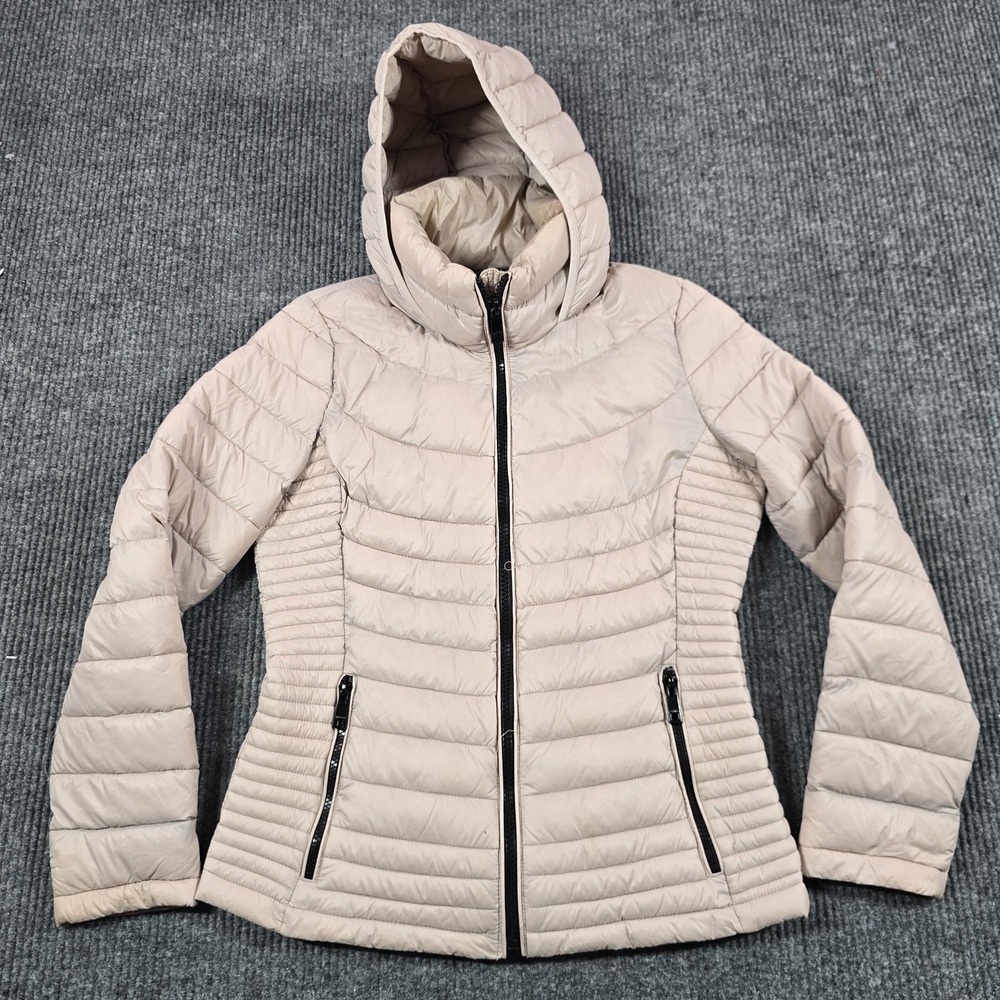 Calvin Klein Jacket Womens Medium Beige Quilted Packable Down‎ Puffer Hooded